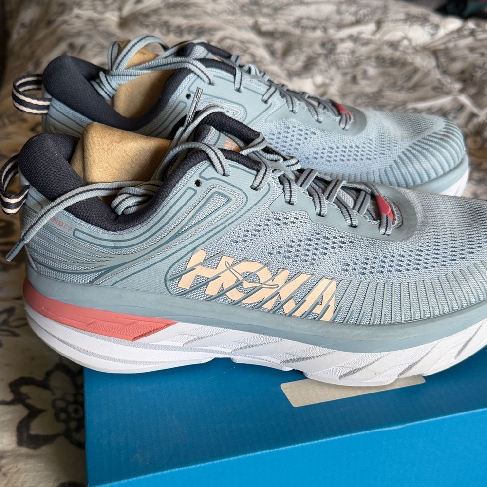 Hoka Light Blue and Coral Athletic Shoes